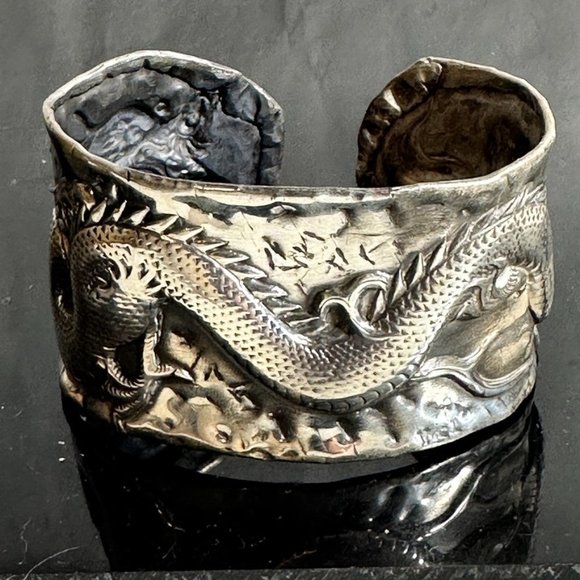 Chinese Four Toed Dragon Wang Hing Sterling Silver Cuff Bracelet Rare Antique - Picture 5 of 10